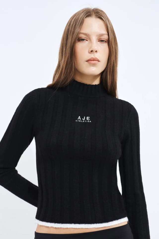 Athletica Mock Neck Rib Knit Top in BLACK, image 1 of 1 from Aje