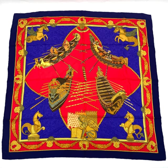 Hermès Scarf Carre 90 Silk Les Bissone de Venise Venice Ship Festival Red Blue in Red Silk from The Reluxe, photo 1 of 1