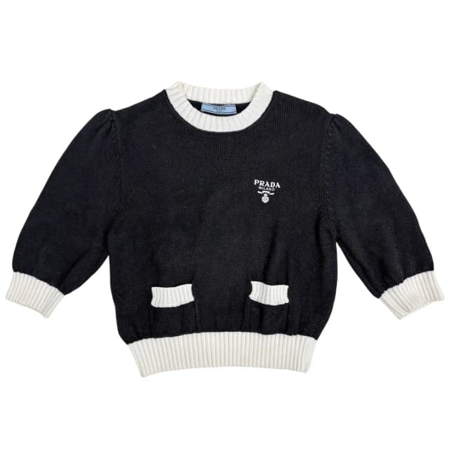 Prada Logo Crew Neck Sweater Short Sleeve Top Knit Cotton Black in Black from The Reluxe, photo 1 of 1