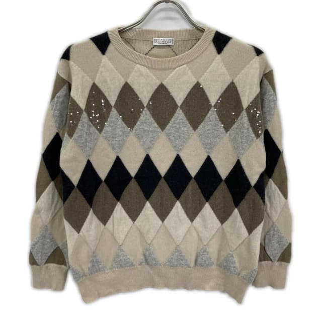 Brunello Cucinelli Wool Cashmere Argyle Check Knit Top Sweater in White Cashmere from The Reluxe, photo 1 of 1
