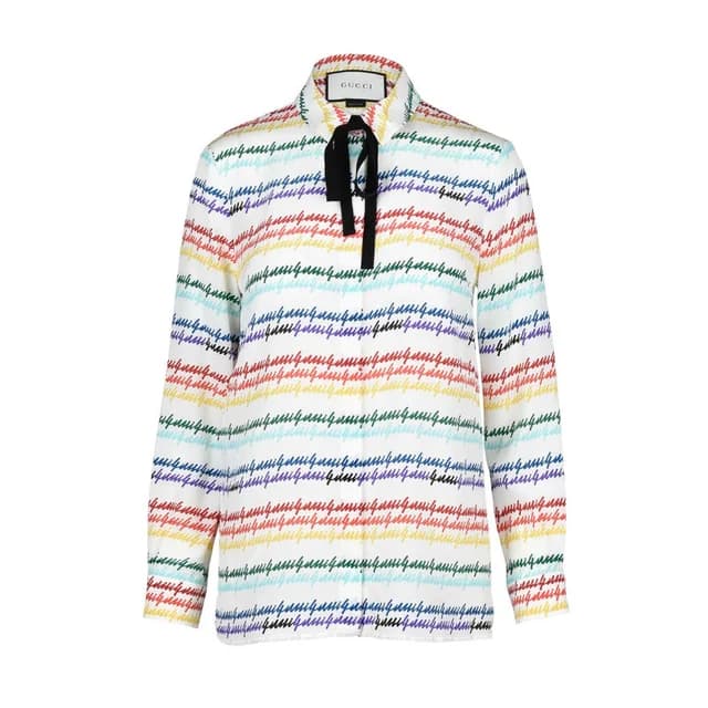 Gucci Rainbow Signature Print Silk Grosgrain Ribbon Bow Blouse in Multicolor Silk from Designer Archives, photo 1 of 1