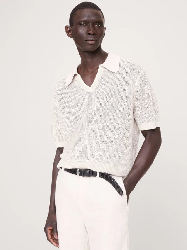 Banana Republic Linen-Cotton Johnny-Collar Sweater Polo in Natural Stone, image 1 of 1 from Banana Republic (Canada)