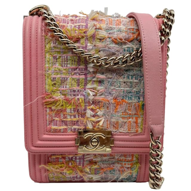 Chanel Boy Flap North South Tweed Shoulder Bag Pink in Pink Tweed from Dallas Designer Handbags, photo 1 of 1