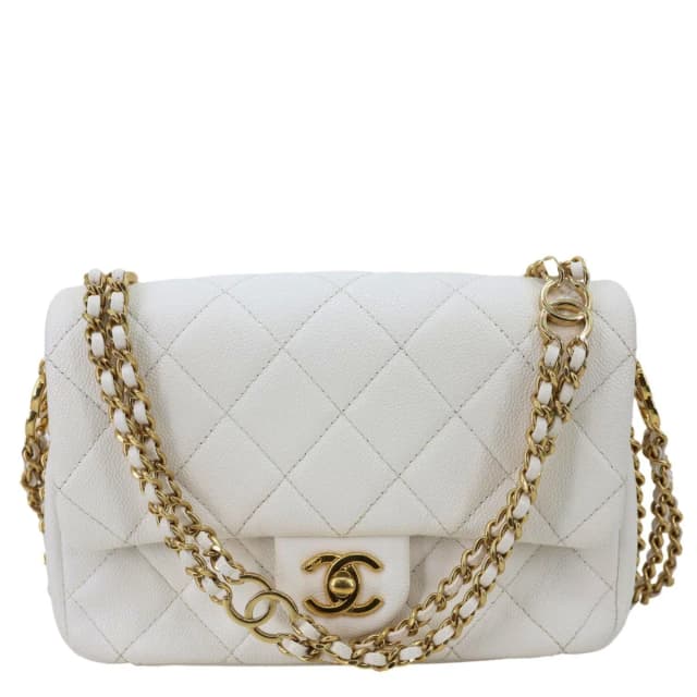 Chanel CC Double Chain Flap Quilted Caviar Leather Shoulder Bag White in White Caviar leather from Dallas Designer Handbags, photo 1 of 1