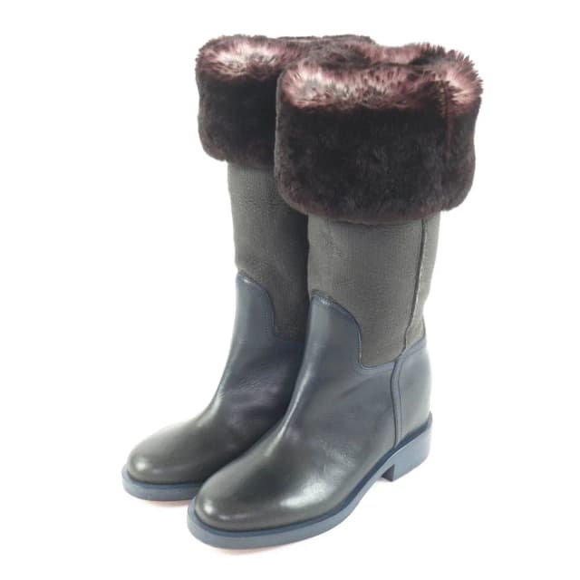 Chanel CC Logo Embroidered Leather Rabbit Fur Long Boots Brown Navy 35.5 in Brown Leather from The Reluxe, photo 1 of 1
