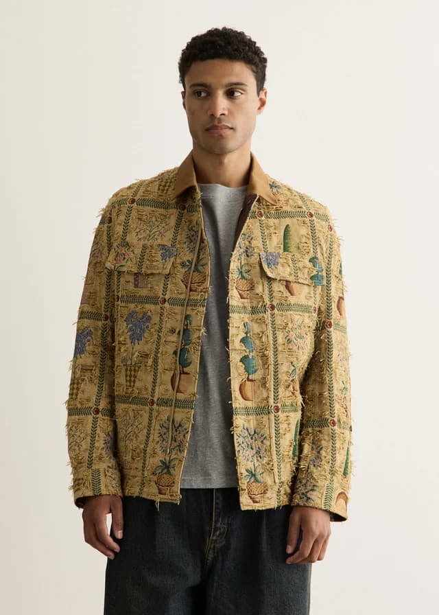 Junya Watanabe Gobelin Weave Jacquard Jacket in BG GRN RD CAMEL, image 1 of 1 from Incu