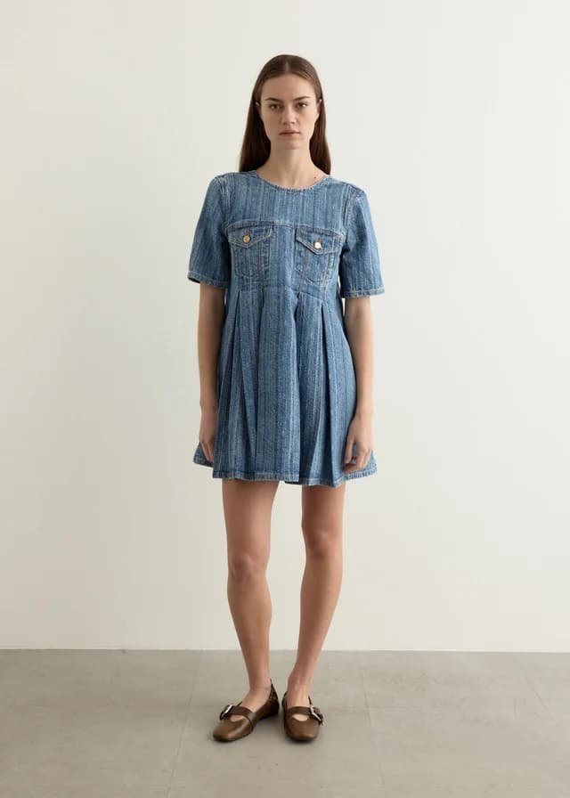 Ganni Structured Denim Open-Back Mini Dress in Mid Blue Stone 566, image 1 of 1 from Incu