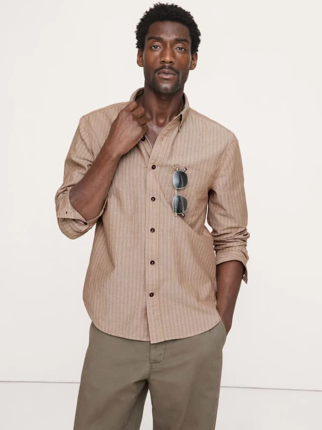Banana Republic Standard-Fit Cotton Oxford Shirt in Khaki Stripe, image 1 of 1 from Banana Republic (Canada)