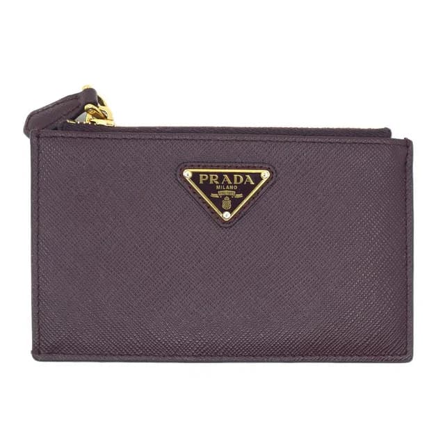 Prada Saffiano Triangle Card Case Coin Leather Bordeaux Burgundy Gold in Burgundy Saffiano leather from The Reluxe, photo 1 of 1