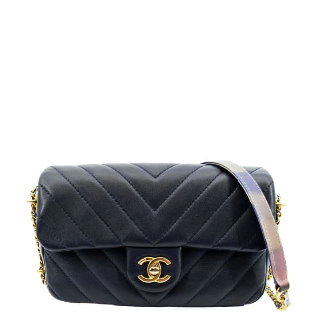 Chanel Mini Rectangular Flap Chevron Leather Crossbody Bag Navy Blue in Navy Leather from Dallas Designer Handbags, photo 1 of 1