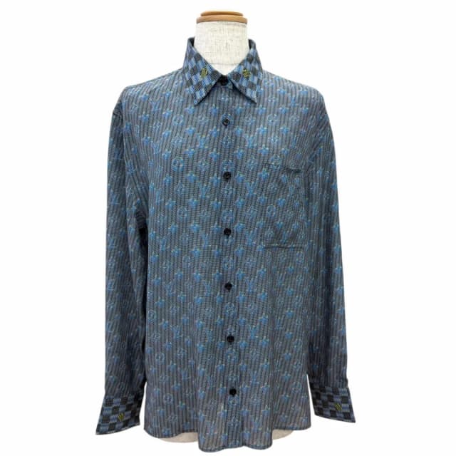 Louis Vuitton 100% 3D Monogram Print Logo Button Long Sleeve Shirt Blue 34 in Blue Silk from The Reluxe, photo 1 of 1