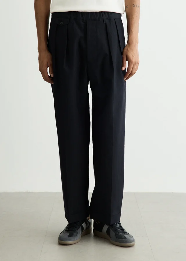 Beams Plus 2 Pleats Relax Extreme Density Weather Cloth Pants in NAVY 79, image 1 of 1 from Incu