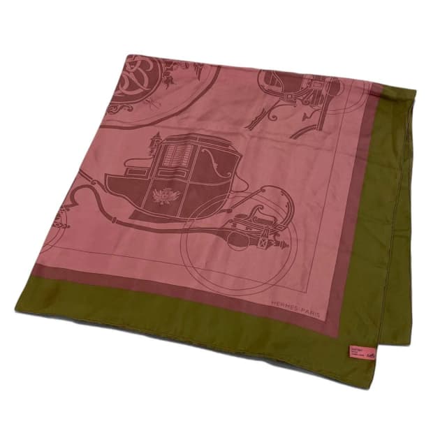 Hermès Carre 130 Ex-Libris Carriage Pink Khaki Silk Scarf in Green Silk from The Reluxe, photo 1 of 1