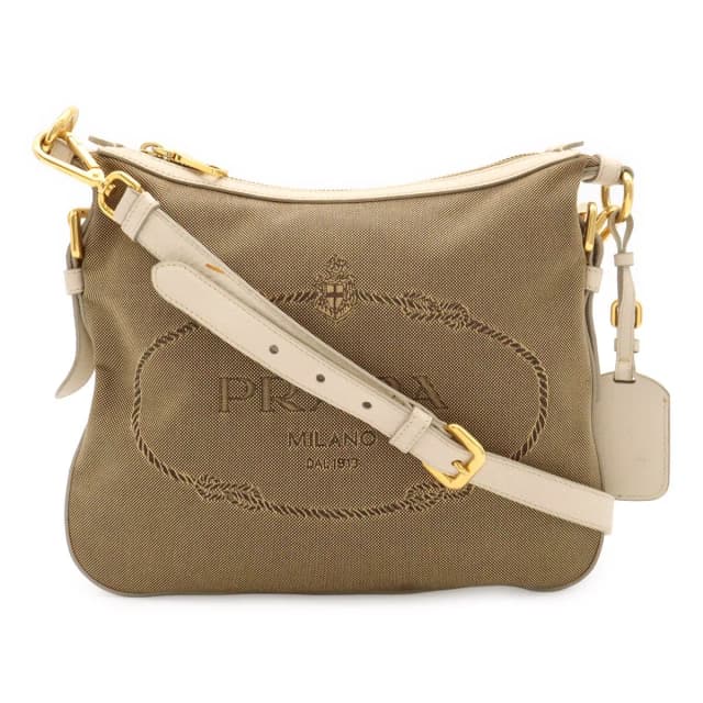 Prada Logo Jacquard Shoulder Bag Crossbody Canvas Leather Corda Khaki Beige in Beige Canvas from The Reluxe, photo 1 of 1