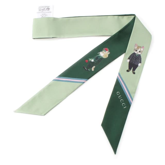 Gucci Yuko Higuchi Silk Neck Bow Scarf Logo Cat Green in Green Silk from The Reluxe, photo 1 of 1