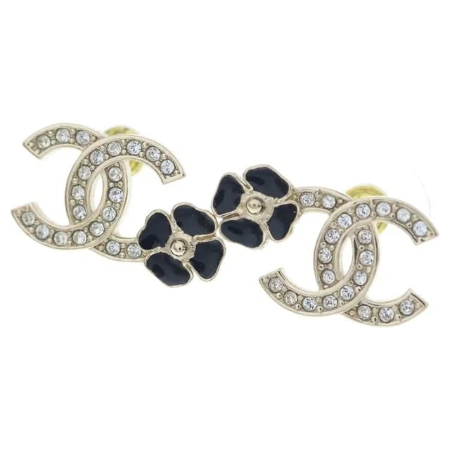 Chanel CC Logo Rhinestone Earrings Black Gold in Black from The Reluxe, photo 1 of 1