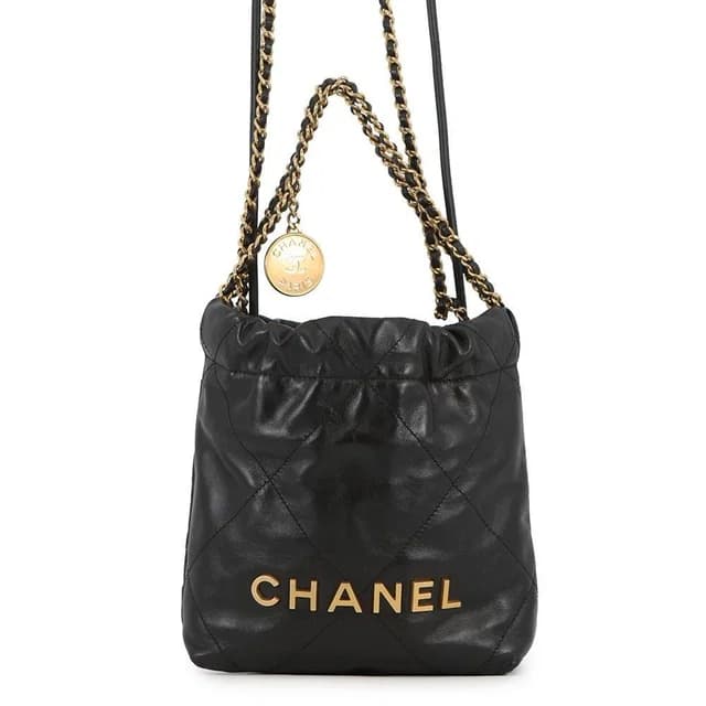 Chanel Handbag 22 Mini CC Logo Shiny Calf Leather 2-Way Black in Black Calfskin from The Reluxe, photo 1 of 1