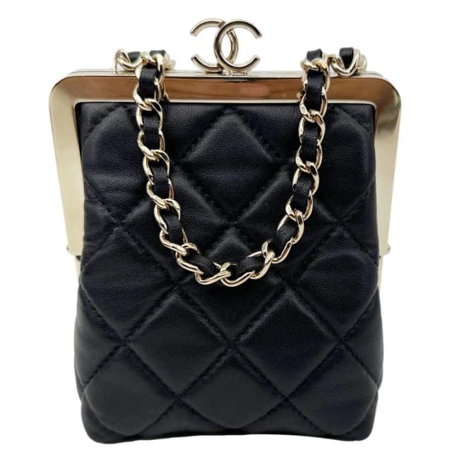 Chanel Kisslock Logo Lambskin Quilted Leather Chain Clutch Shoulder Bag Black in Black Lambskin from Dallas Designer Handbags, photo 1 of 1