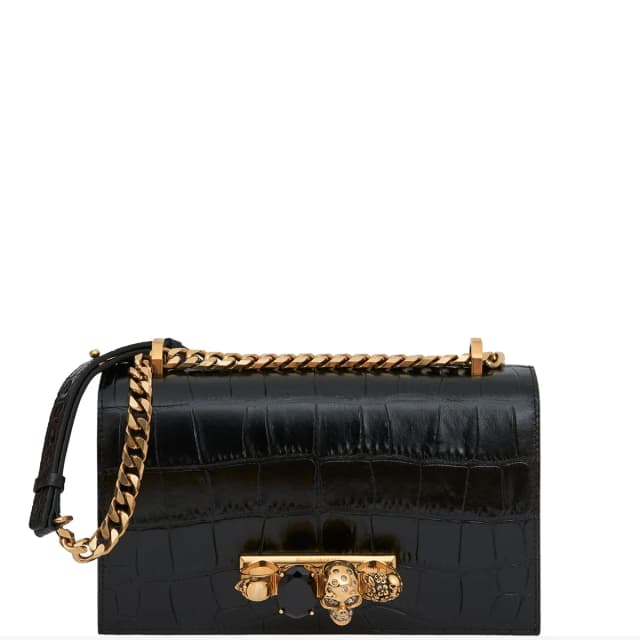 Alexander McQueen Jewelled Knuckle Satchel Glossy Croc, Black/Gold, image 1 of 1 from Cultstatus