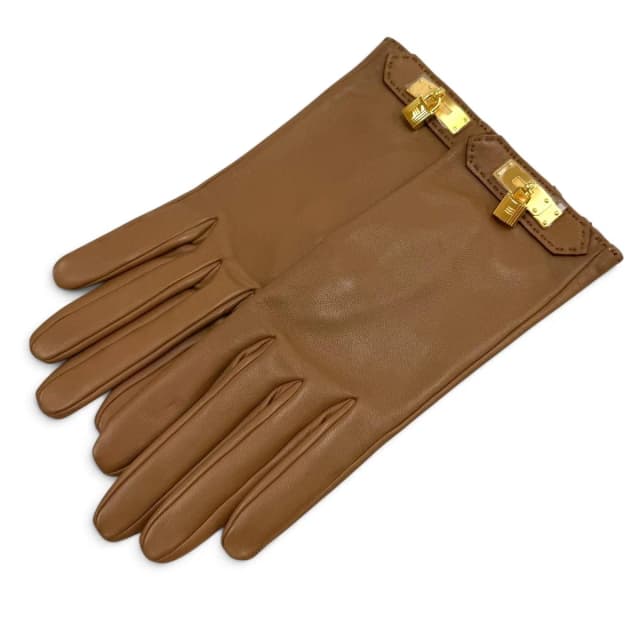Hermès Lambskin Lining Silk 100% Gold Kelly Gloves Brown 6.5 in Brown Lambskin from The Reluxe, photo 1 of 1
