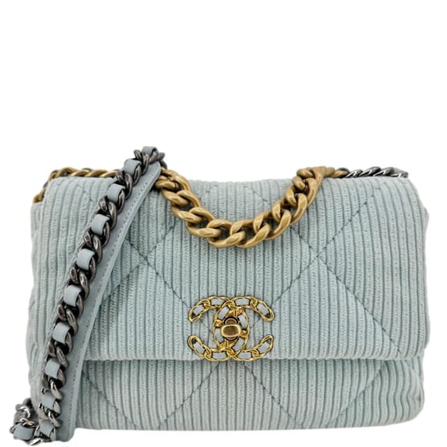 CHANEL 19 Flap Medium Quilted Corduroy Shoulder Bag Light Blue in Blue from Dallas Designer Handbags, photo 1 of 1