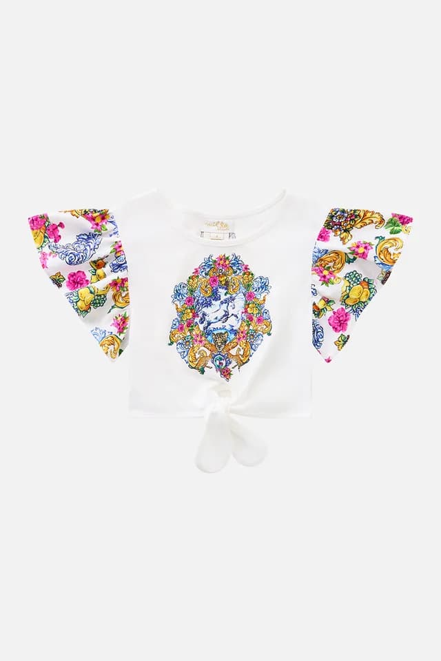 Camilla eBoutique KIDS TIE FRONT CROP TEE WITH FRILL SLEEVE ESPAÑA NIRVANA, image 1 of 1 from CAMILLA