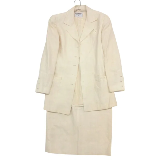 Chanel Suit Vintage 100% Linen Skirt Jacket Set CC Logo Lining Off White in White from The Reluxe, photo 1 of 1