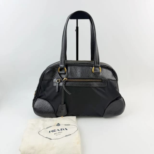 Prada Bowling Triangle Logo Leather Trim Shoulder Bag Nylon Black Gold Vintage in Black Nylon from The Reluxe, photo 1 of 1