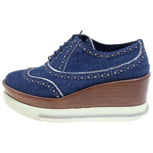 Miu Miu Studded Decoration Wood Sole Heels Denim Platform Sneakers Indigo in Denim from The Reluxe, photo 1 of 1