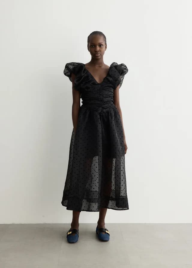 Ganni Black Organza Ruched Dress in Black, image 1 of 1 from Incu