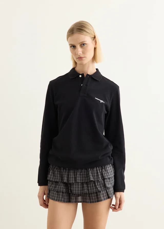 HOMMEGIRLS Long Sleeve Pique Polo in Black, image 1 of 1 from Incu