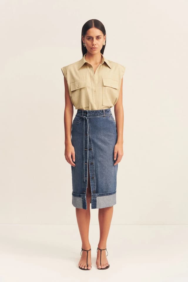 Shona Joy BOYD SPLIT FRONT PENCIL MIDI SKIRT - VINTAGE BLUE, image 1 of 1 from Shona Joy