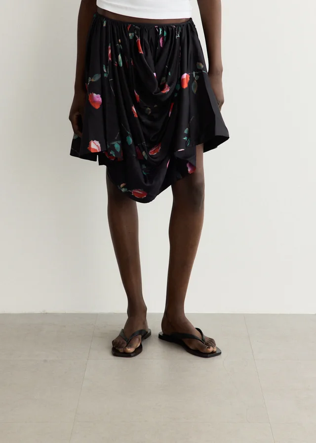 Ganni Printed Stretch Satin Draped Mini Skirt in Black, image 1 of 1 from Incu