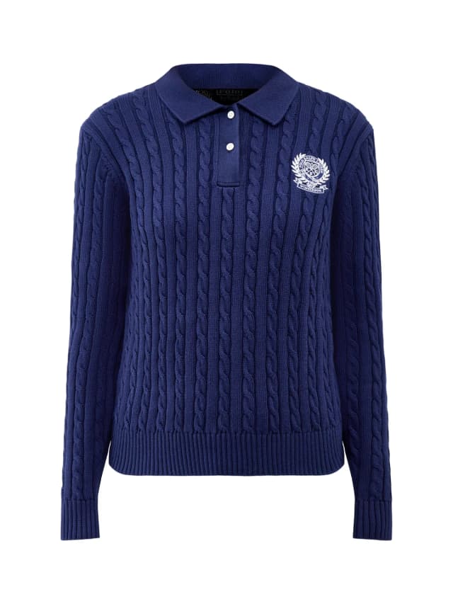 Polo Ralph Lauren Wimbledon Cable Knit Polo Jumper Navy in Refined Navy, image 1 of 1 from Fenwick