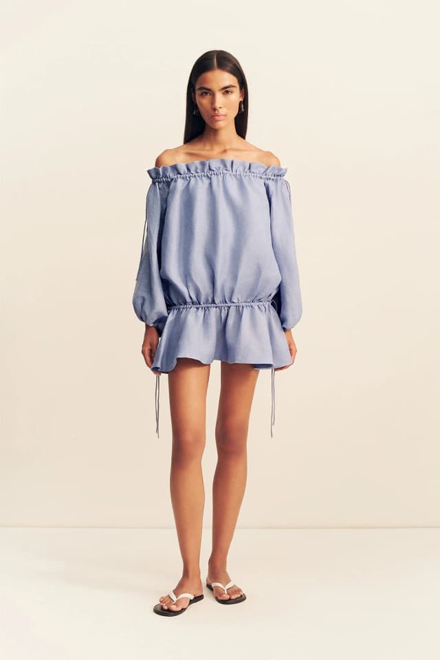 Shona Joy MARLOWE LINEN BLEND OFF SHOULDER MINI DRESS - CHAMBRAY, image 1 of 1 from Shona Joy