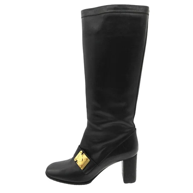 Louis Vuitton Boots Gold Buckle Leather Long Shoes Chunky Heel Side Zip Black in Black Leather from The Reluxe, photo 1 of 1