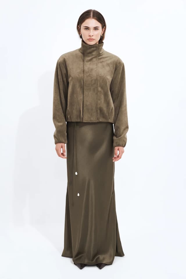 Aje Studio Philo Vegan Suede Jacket in OLIVE, image 1 of 1 from Aje