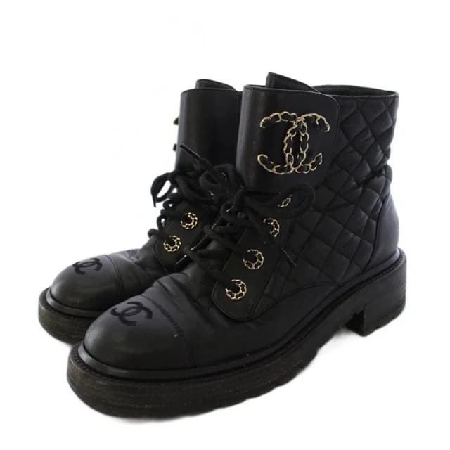 Chanel Short Boots CC Logo Quilted Lace Up Leather c Black 38 in Black Leather from The Reluxe, photo 1 of 1