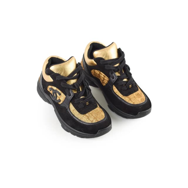 Chanel Leather Low Top Sneakers Black/Gold Size 34.5 in Black Suede from The Purse Affair, photo 1 of 1