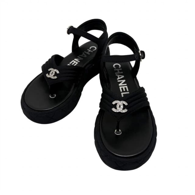 Chanel CC Logo Rhinestone Thong Sandals Black Grosgrain in Black Satin from The Reluxe, photo 1 of 1