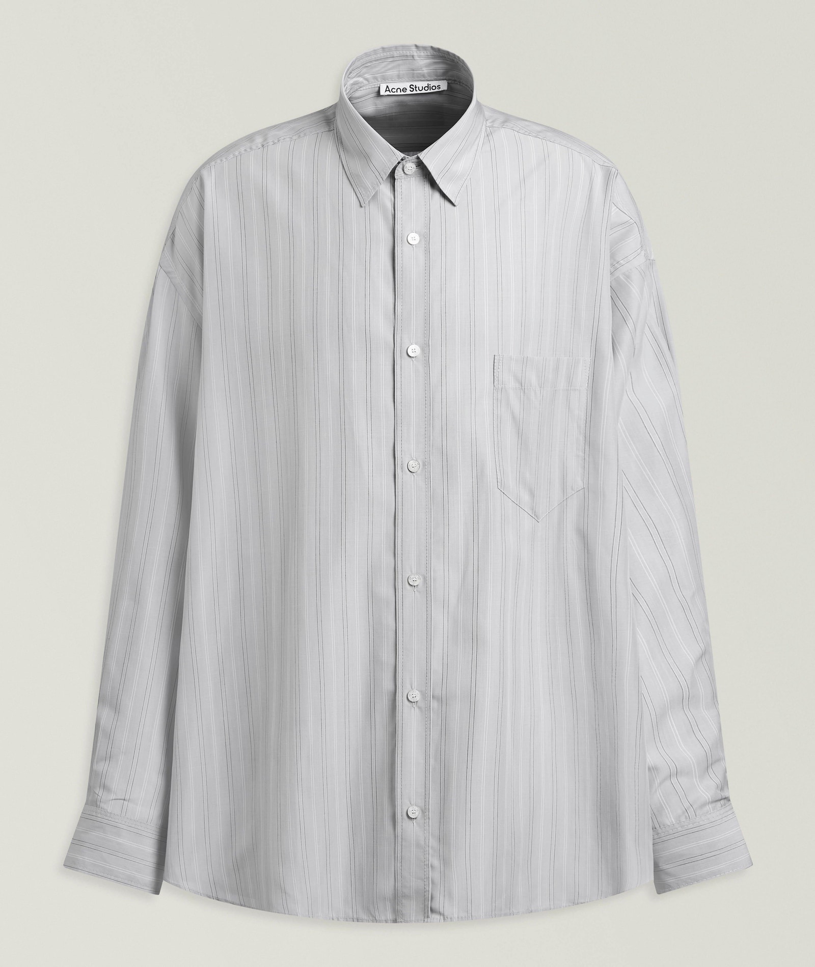 Acne Studios Oversized Striped Lyocell Shirt in Grey, image 1 of 1 from Harry Rosen