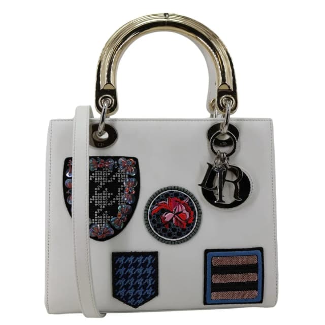 Lady Dior Medium Patch Embellished Calfskin Leather Shoulder Bag White in White Calfskin from Dallas Designer Handbags, photo 1 of 1