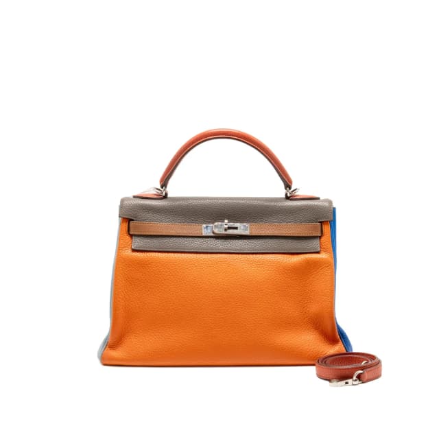 Hermès Kelly 32 Evercolor Orange / Multicolour SHW Stamp Square P in Orange Leather from EMIER, photo 1 of 1