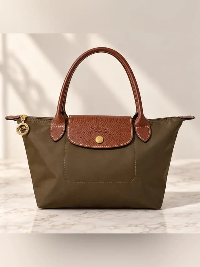 Longchamp Le Pliage Small Tote Bag In Olive Green With Brown Leather in green|red|brown Leather from Poshmark, photo 1 of 1