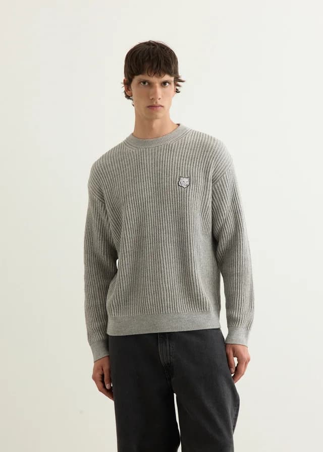 Maison Kitsune Fox Head Cotton Ribbed Jumper in PATINA GREY, image 1 of 1 from Incu