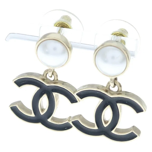 Chanel CC Logo Pearl Earrings Gold Black in Black from The Reluxe, photo 1 of 1