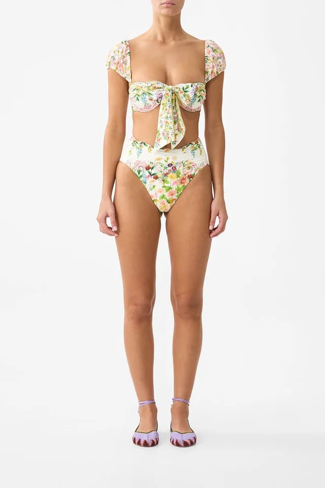 Camilla eBoutique TIE FRONT UNDERWIRE BIKINI TOP WITH PUFF SLEEVE THE CALL OF CATALONIA, image 1 of 1 from CAMILLA
