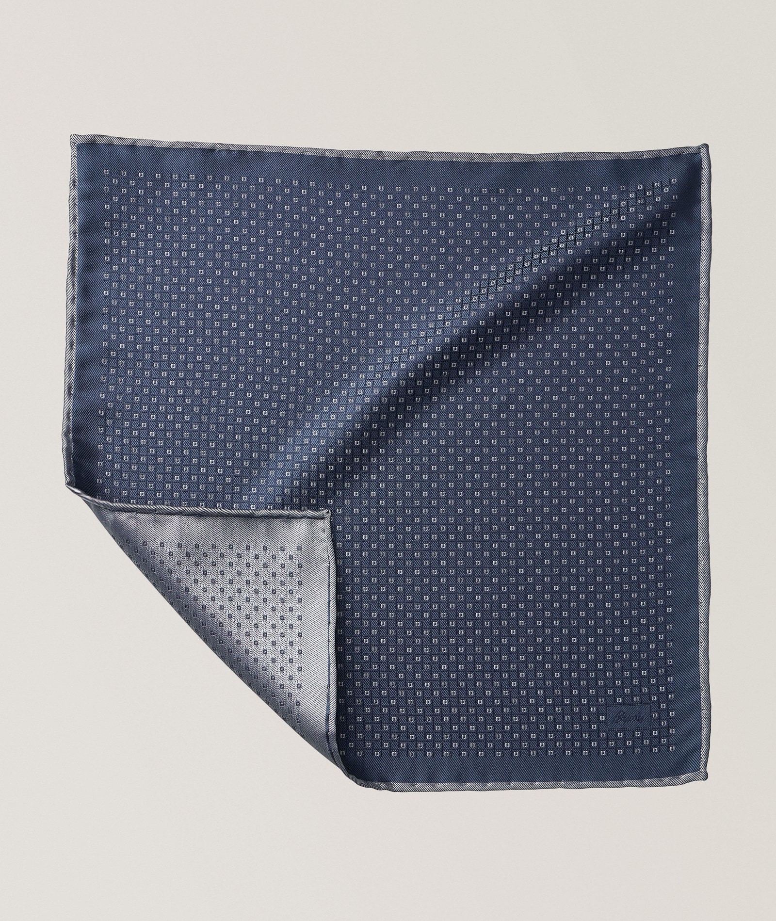 Brioni Geometric Hand Rolled Silk Handkerchief in Blue, image 1 of 1 from Harry Rosen
