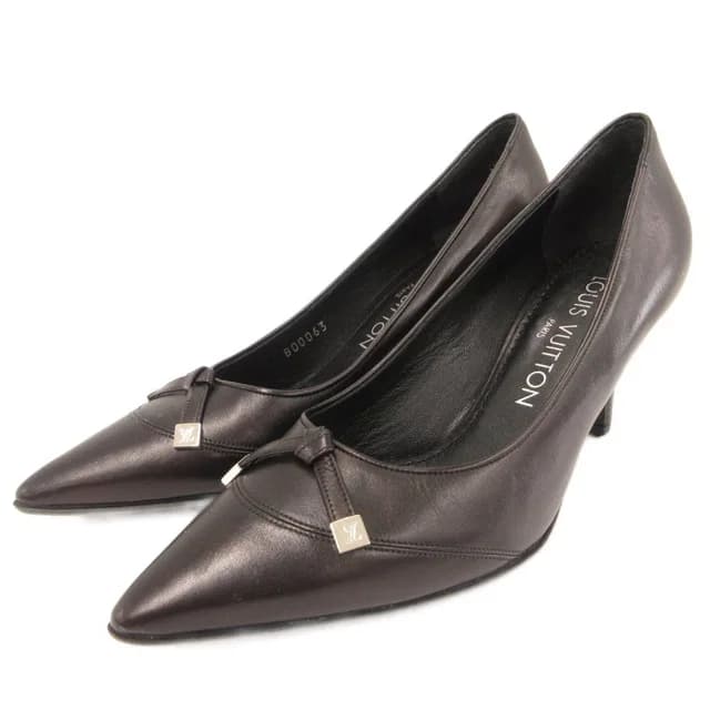 LV Monogram Metal Logo Leather Pumps Shoes Pointed Toe Ribbon in Leather from The Reluxe, photo 1 of 1