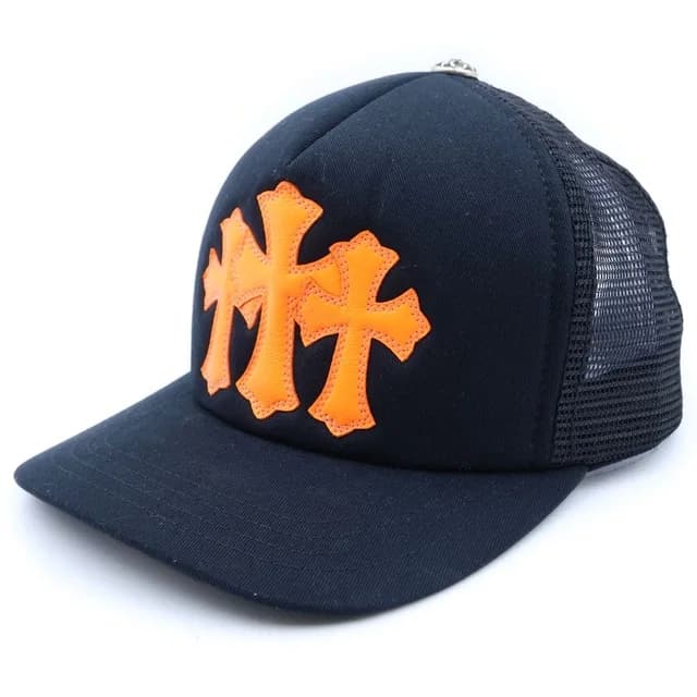 Chrome Hearts Track Khaki Cap 3 Cemetery Leather Patch Mesh Cap Black Orange Hat in Black Leather from The Reluxe, photo 1 of 1